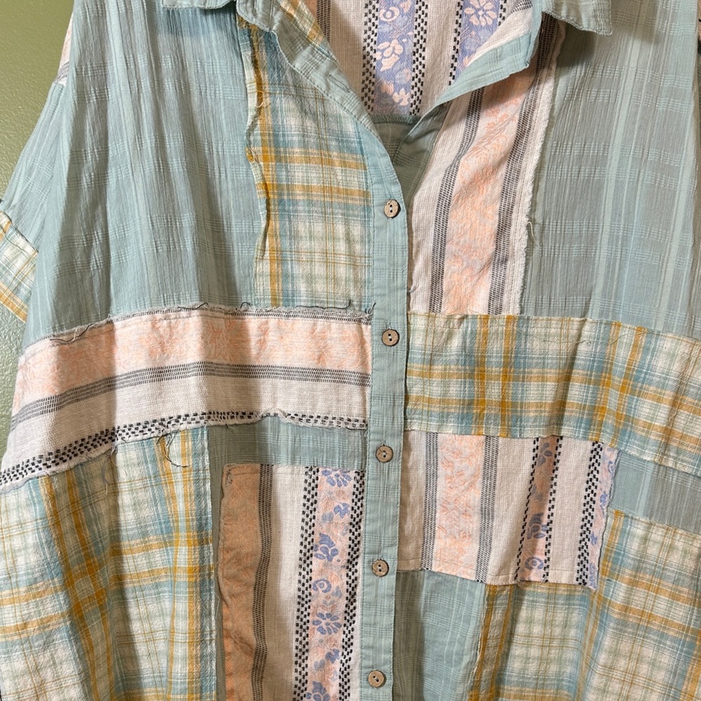 Gigio Multicolor Patchwork Button-Up Blouse Xl Ov… - image 3